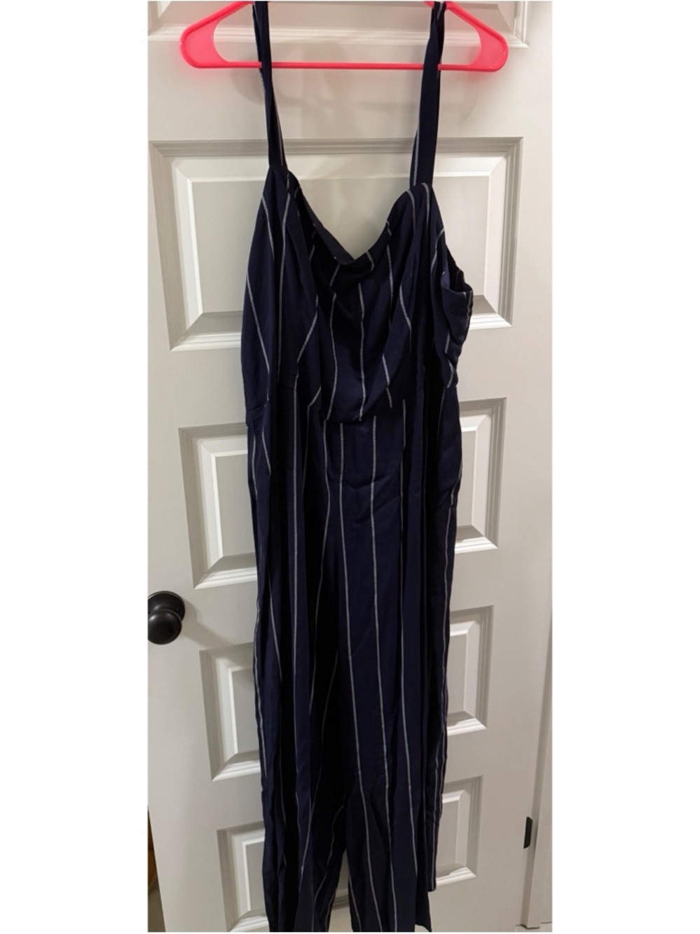 Forever 21 Navy and White Striped V-Neck Jumpsuit with Tie Top and Zipper